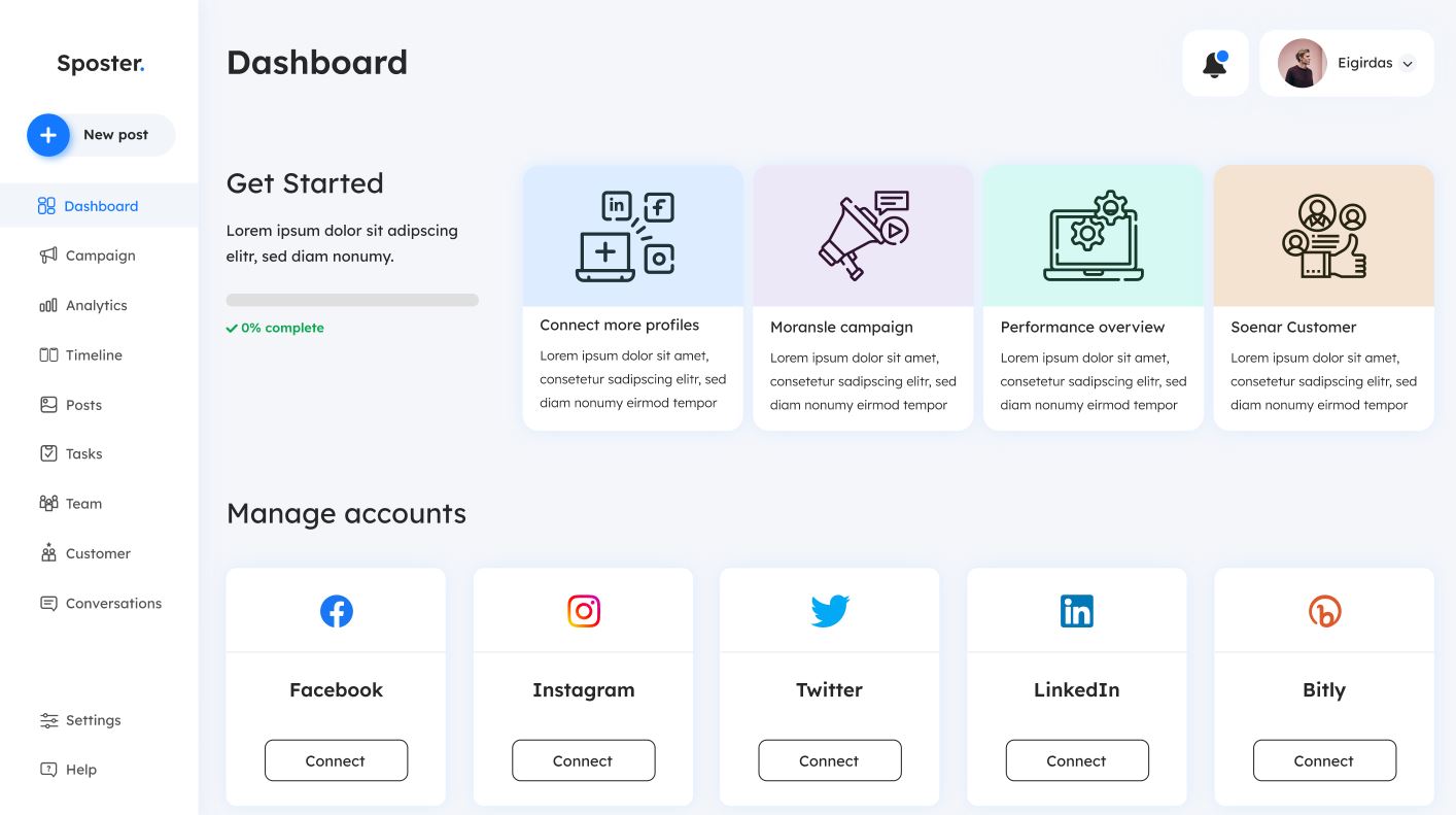 Social Media Management Tool - Dashboard | Sposter